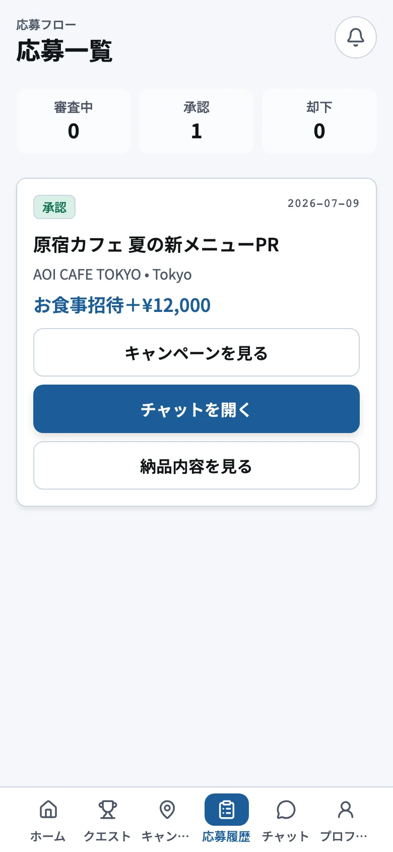 JapanQuestアプリの応募一覧画面