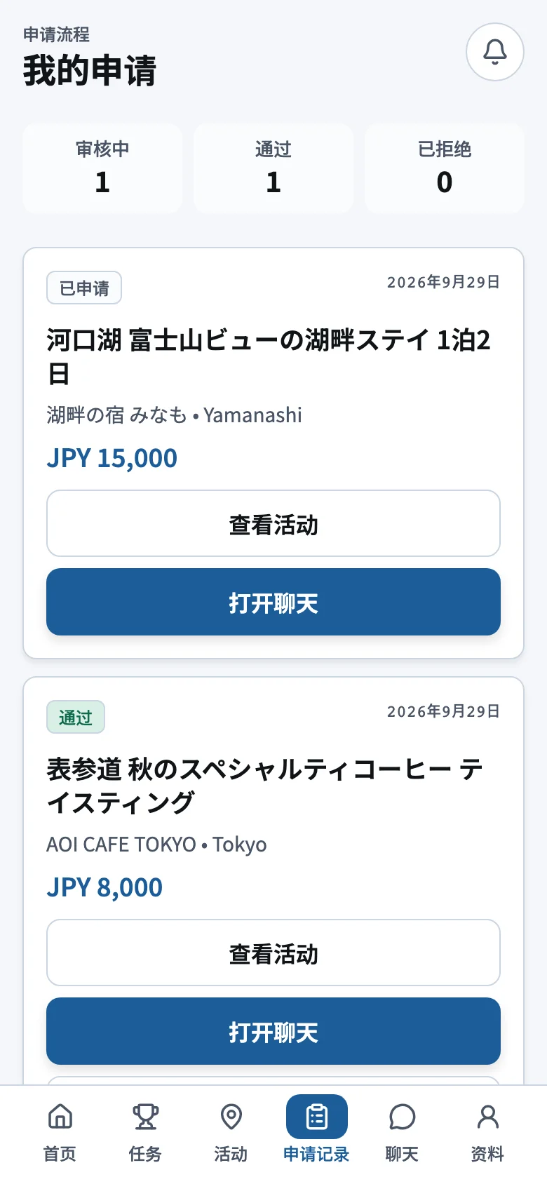 JapanQuest 应用申请记录画面